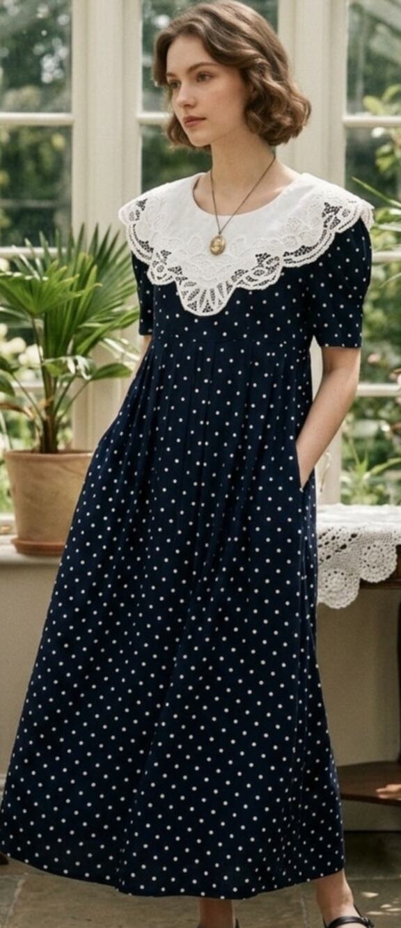 Vintage Sarah Elizabeth Navy & White Polka Dot Sailor Collar Midi Dress